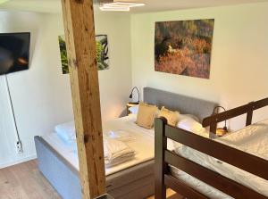 1 Schlafzimmer mit 2 Etagenbetten in einem Zimmer in der Unterkunft Ferienwohnung Strandbad - Alpen PopArt am See in Schliersee