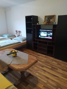 sala de estar con TV y mesa en Turistický apartmán ,pro 3-4os en Frenštát pod Radhoštěm