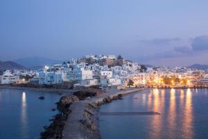 a view of a city at night with lights on the water at Naxian Air in Agios Georgios