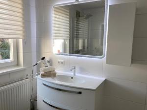a white bathroom with a sink and a mirror at Gina's Landhaus in Eberau