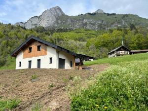 a house on a hill with mountains in the background at Luxurious new villa in the Alpes with sauna and jacuzzi in Bellevaux