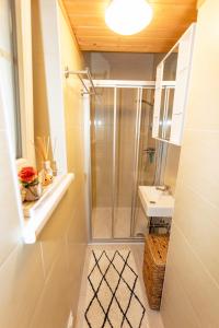 a bathroom with a shower and a sink at Haus Roserlheim in Pörtschach am Wörthersee