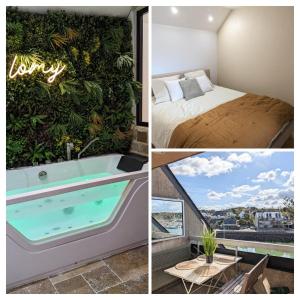 - un collage de photos d'une chambre d'hôtel avec une baignoire dans l'établissement Duplex Lomy vue sur le port avec Sauna-balneo-5mn plage, à Pléneuf-Val-André