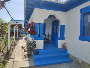 niebieskie drzwi na domu z niebieskimi schodami w obiekcie Casa Traditionala Clisciova w mieście Murighiol