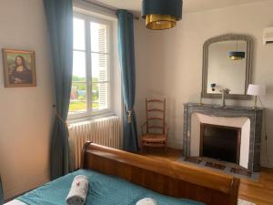 een slaapkamer met een bed, een open haard en een spiegel bij Maison classée 3 étoiles à Vouvray Loire Valley in Vouvray