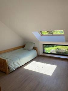 a bedroom with a bed and two windows at Maison de village family friendly - Doucier in Doucier