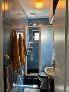 a blue bathroom with a sink and a toilet at Apartmani Zora in Cres