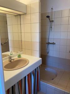 ein Badezimmer mit einem Waschbecken, einer Dusche und einer Badewanne in der Unterkunft Appart Hypercentre Biarritz - PKG / WIFI / 4-6 Personnes in Biarritz