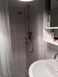 W łazience znajduje się prysznic i umywalka. w obiekcie Almost At The Beach w mieście Wijk aan Zee