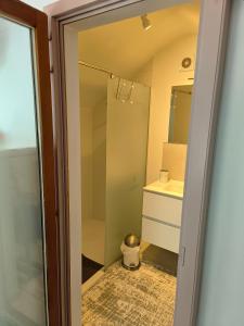 a bathroom with a glass door leading to a sink at La Maison de Lise in Ville-Pommeroeul