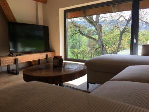 a living room with a large window and a flat screen tv at Apartament Ostoja in Polanica-Zdrój