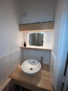 La salle de bains est pourvue d'un lavabo blanc et d'un miroir. dans l'établissement Chez Léandre, à Vitry-le-François