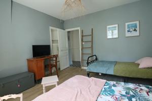 a bedroom with two beds and a desk and a television at Le Gentiane - Villa Chanterive in La Bourboule