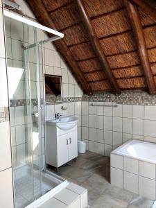 a bathroom with a shower and a sink and a tub at Coga Cottage - Marloth Park in Marloth Park