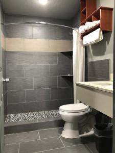 a bathroom with a toilet and a shower at Budget Inn Valparaiso/Niceville @ Eglin AFB & Destin-FWB Airport in Niceville