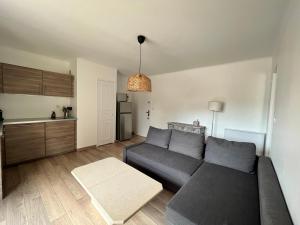 a living room with a gray couch and a kitchen at Appartement Presqu île de Giens in Hyères +3 photos