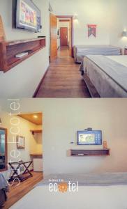 2 fotos de una habitación de hotel con cama y TV en Bonito Ecotel en Bonito