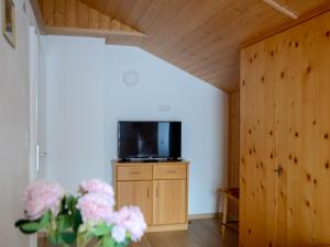 Zimmer mit einem TV auf einem Schrank mit rosa Blumen in der Unterkunft Gästehaus Tannenberg in Bayerisch Gmain