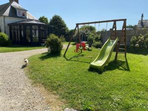 a playground with a slide and a cat on the grass at Les Mariniers Chambres d'Hôtes in Mareuil-sur-Cher