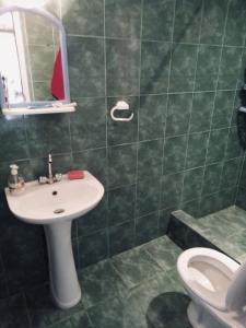 uma casa de banho com azulejos verdes, um lavatório e um WC. em MTA em Tsemi