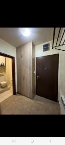 a bathroom with a large door and a toilet at Sweet Apartments in Žabljak