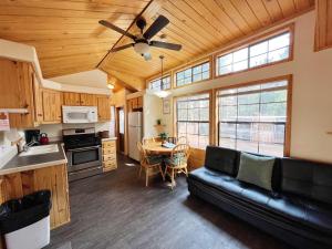 a living room with a couch and a table at Sally's Cabin is a quaint two bedroom tiny home in Woodland Park