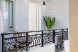 a balcony with a black railing and a plant at Naxos Alegria Luxury Apartment in Naxos Chora