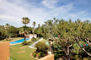 a view of a yard with a pool and palm trees at Yara Beach Apartments T1 in Albufeira