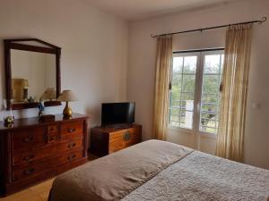 a bedroom with a bed and a dresser with a television at Villa do Outeiro in Figueira e Barros
