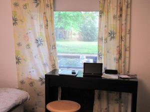 卡塞爾的住宿－Apartment "Hugo37" am Bergpark，一张桌子,上面有一台笔记本电脑,放在窗户前