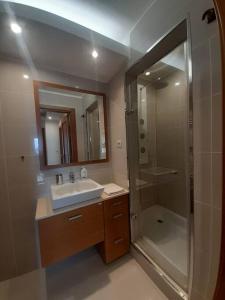 ein Bad mit einem Waschbecken und einer Dusche mit einem Spiegel in der Unterkunft Casa da Ria Barra, Free garage in Gafanha da Nazaré