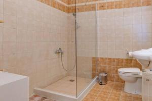 a bathroom with a shower with a toilet and a sink at Poulades Villa, Corfu in Danilia