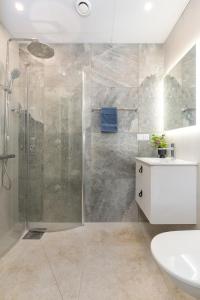 een badkamer met een douche, een toilet en een wastafel bij Kalevi City Center Apartment in Tartu
