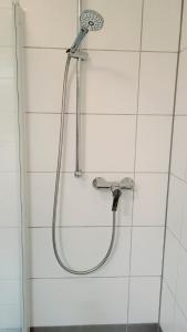 a shower with a shower head on a wall at Apartment König in Tübingen