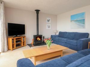 a living room with a blue couch and a fireplace at Spindell in Kingsbridge