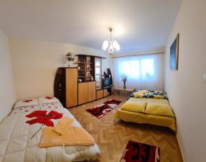 1 dormitorio con 2 camas y lámpara de araña en Apartament Slănic Prahova, en Slănic