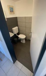 a small bathroom with a toilet and a door at EcoLodge Bungalow in Oesterdeichstrich