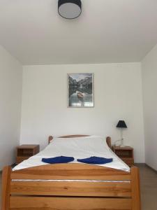 um quarto com uma cama com almofadas azuis em Zaczarowany Bieślin em Trzemeszno