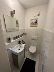 La petite salle de bains est pourvue d'un lavabo et de toilettes. dans l'établissement FHV01 - Ferienwohnung 100m² 6 Personen Garten und Terrasse 2x WC, à Taucha