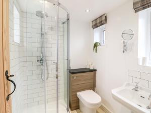 a bathroom with a shower and a toilet and a sink at Sycamore Cottage in Ashbourne +37 photos
