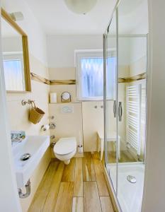 uma casa de banho com um WC, um lavatório e um chuveiro em Beach inkl WLAN em Grömitz