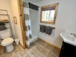een badkamer met een toilet, een wastafel en een raam bij Denali Park View Family Log Cabin in McKinley Park