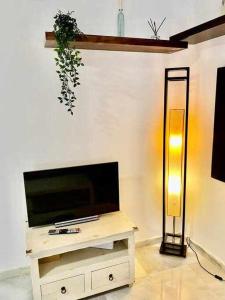 salon z telewizorem na stojaku z lampką w obiekcie Acogedor y tranquilo cerca de las setas - centro w Sewilli