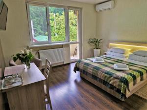 a bedroom with a bed and a table and chairs at Villa ZENKO in Lviv