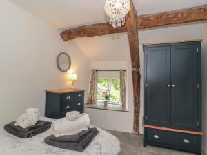 a bedroom with a blue cabinet and a mirror at 2 Pigsfoot Cottages in Tiverton