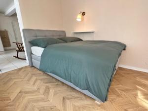 a bed with a green comforter in a room at Apartment Entenbrücke in Wendlingen am Neckar