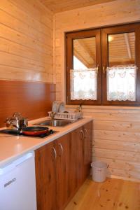 a kitchen with a sink and a window in a cabin at Domki Kazimierz in Darłowo