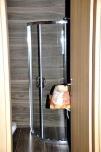 uma casa de banho com um chuveiro e um lavatório. em Alkioni's Nest Apartments em Arkoudi