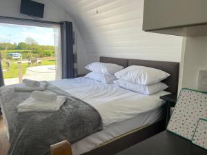 a bedroom with a bed with white pillows and a window at Glamping Pod with ensuite WC Near Kingsbridge & Salcombe in Kingsbridge