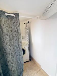 Un baño con lavadora y cortina de ducha. en Calme - Centre - WiFi - Clim - Verdon 300m - Parking, en Vinon-sur-Verdon